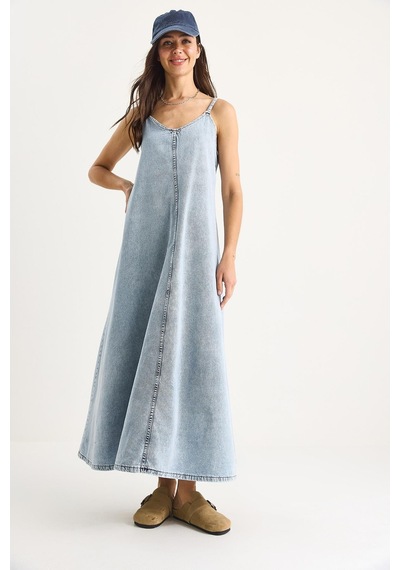 Kadın İnce Askılı Uzun Denim Elbise 6058 60281039 - Kar Yıkama