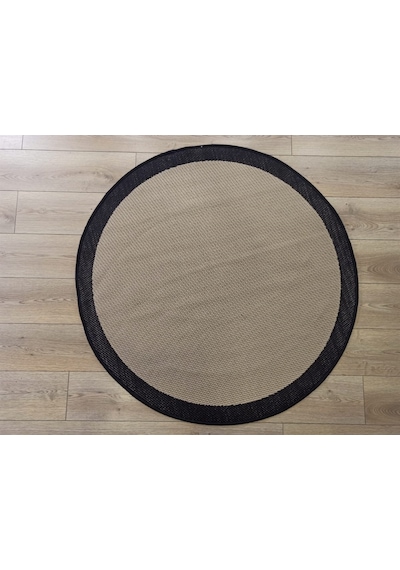 Çam Halı Sisal 9716 Bej / Siyah Bordürlü Daire Jüt Sisal Kilim - 120x120