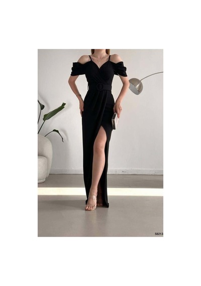 DefyModa Kadın Minimal Krep Kumaş V Yaka Yırtmaçlı Abiye Elbise Siyah