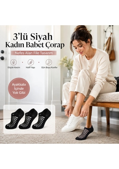 DS Wak Kadın Siyah 6 Lı File Babet Çorap Düşük Kesim İnce Esnek Nefes Alan Ekonomik Çorap Seti