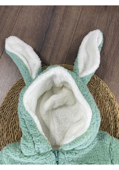 101 Dalmaçyalı Çift Kat Wellsoft Kürklü Tavşan Kulak Unisex Kışlık Bebek Tulum Yeşil