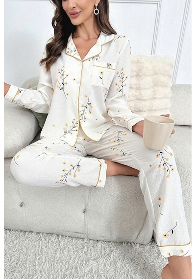 Bella Notte Çiçek Baskılı Cep Detaylı Düğmeli Günlük Uzun Pijama Takımı Sarı