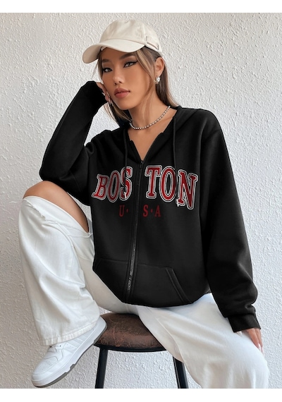 Altamira Unisex Bej Boston Baskı Kapüşonlu Hırka 001