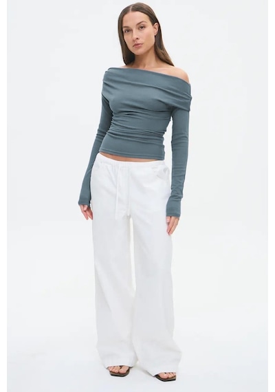 Madmext Füme Kadın Off Shoulder Uzun Kollu Bluz Mg2567 Füme