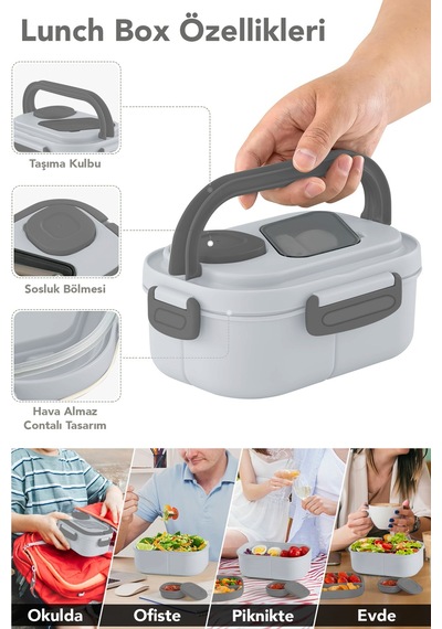 Bondie Kilitli Kapak Yemek Kabı - 2 Katlı Bölmeli Kaşık Ve Sosluklu Lunch Box Beslenme Kutusu Gri