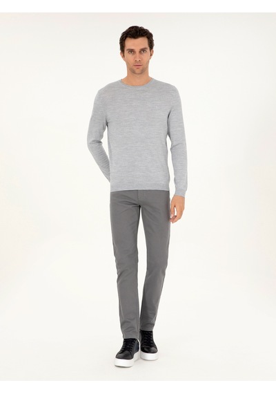 Cacharel Açık Gri Slim Fit Bisiklet Yaka Yün Karışımlı Basic Triko Kazak