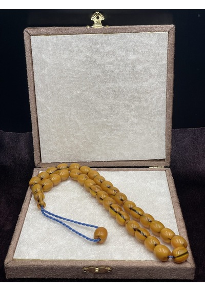 Helezon Hareli Osmanlı Benzetme Çubuk Sıkma Kehribar Tesbih 12x14 Mm Sarı