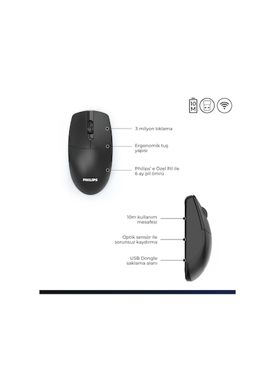 Philips SPK7347 Kablosuz 1200DPI 3 Tuşlu Optik Mouse Siyah