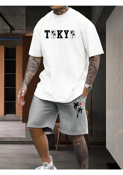 Unisex Tokio Baskılı Bisiklet Yaka Beyaz T-shirt Gri Şort Beyaz
