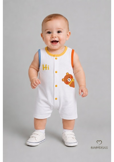 Babyden's Erkek Bebek Tulum Yazlık Pamuklu Şortlu Çıtçıtlı Ayıcık Baskılı Bebek Tulumu Yenidoğan Bebek Giyim 0-9 Ay Beyaz