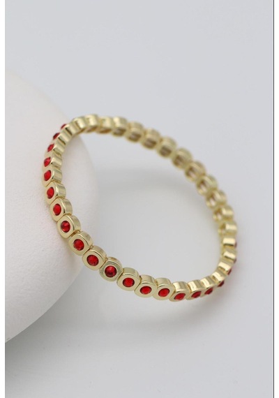 Kadın 14k Kaplama Gold Kırmızı Taşlı Çelik Lastik Bileklik Çok Renkli