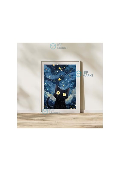 5d Dıy Elmas Boyama Seti - Gece Gök Altında Siyah Kedi 20x30 Cm Yuvarlak Elmaslı, Çerçevesiz