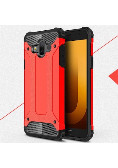 Noktaks - Samsung Galaxy Uyumlu J7 Duo - Kılıf Çift Katman Zırh Tank Crash Military Kapak - Kırmızı