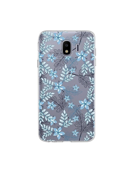 Samsung Galaxy Uyumlu J4 Kapak Floral Mavi Tasarımlı Şeffaf Silikon Kılıf