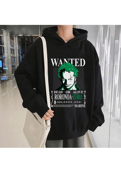 Anime One Piece Zoro Wanted Kapşonlu Sweatshirt Siyah