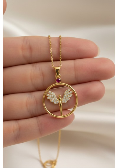 925 Ayar Gümüş Melek Kanadı Figürlü Taşlı Yuvarlak Altın Kaplama Kolye , Sevgiliye Özel Hediye Bk19gold