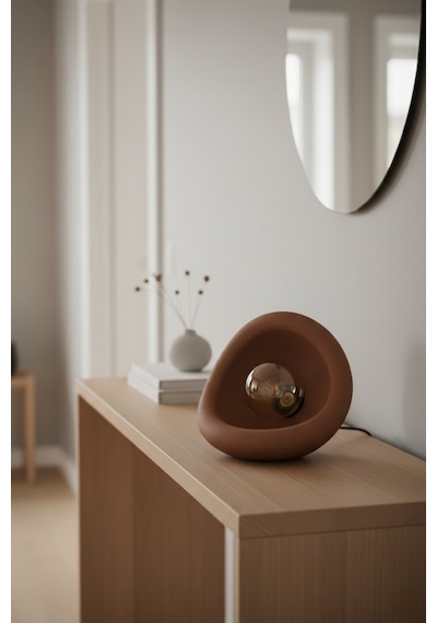 Modern Beton Dokulu Abajur Organik Oval Gece Lambası Masaüstü Komodin Lambası 25 Cm Kahverengi