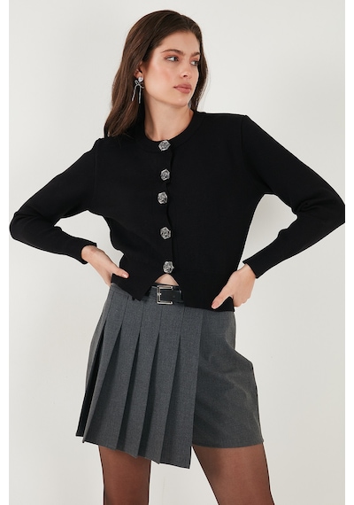 Lela Premium Regular Fit Yuvarlak Yaka Crop Triko Bayan Hırka 680Hi00110 Siyah