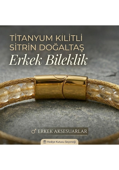 Sitrin Doğal Taş Erkek Bileklik - El Yapımı - Hediye Kutulu Açık Sarı