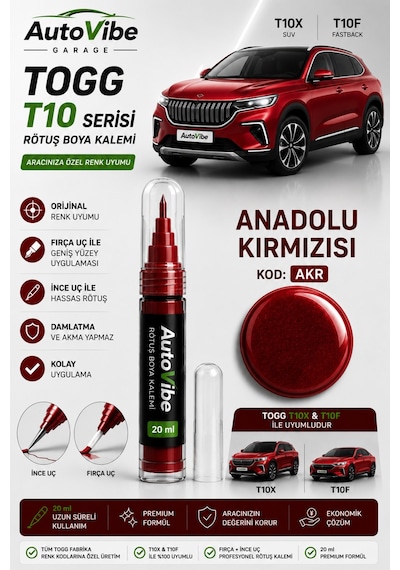 Togg T10x & T10f Anadolu Kırmızısı Rötuş Boyası Kalemi 2'si 1 Arada Tam Uyumlu