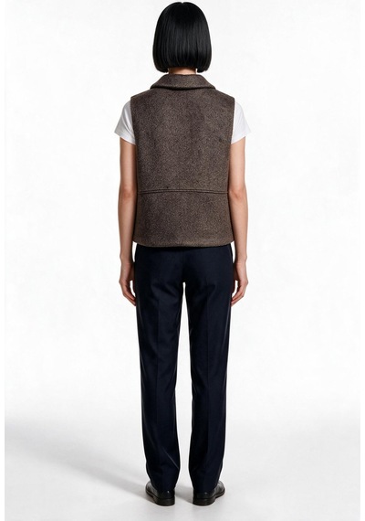 Ekol Kadın Dokulu Kumaş Fermuarlı Geniş Yakalı Kolsuz Yelek Kahve