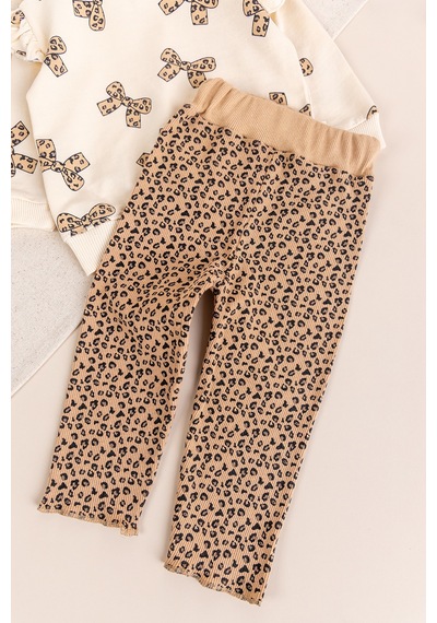 Babymod Fiyonk Baskılı Leopar Desenli İkili Pamuklu Kız Bebek Çocuk Takım Bej