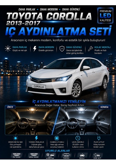 Toyota Corolla 2013-2017 Uyumlu 6000k Led İç Aydınlatma Seti Parlak Beyaz Araç İçi Ampul Seti