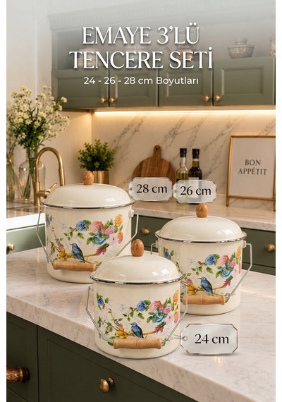 Kuş Desenli Emaye Bakraç Yoğurt Bakliyat Kabı Seti 24-26-28 Cm 95411 Kuşlu