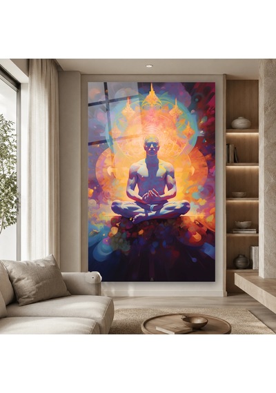 Renkli Aurada Lotus Meditasyonu Çerçevesiz Cam Tablo