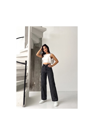 Kene Jeans Ön Taşlı Siyah Denim Wide Leg/bol Paça Pantolon Siyah