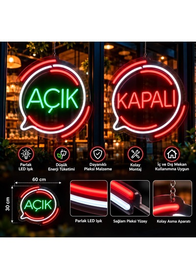 Açık Neon Led Tabela 60x30 Cm Işıklı Pleksi Vitrin Tabelası İşletme Dekorasyon