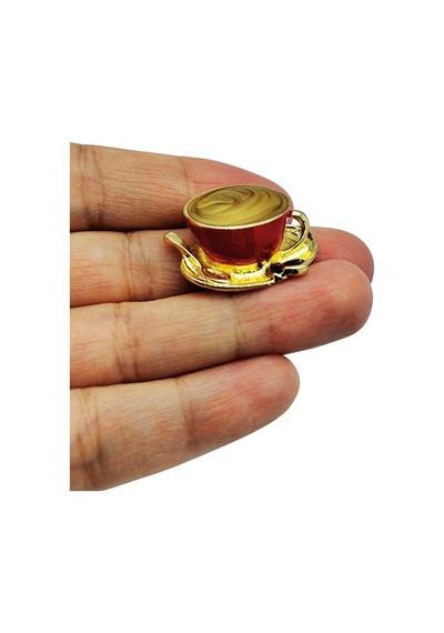 Kırmızı Mineli Kahve Fincanı Broş Altın Renk Tabaklı Kaşıklı Yaka İğnesi Çok Renkli