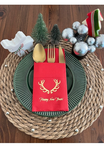 Gold Yaldızlı Kırmızı Cepli Aır Touch Happy New Year Geyik Boynuzu Peçete 12 Adet 40x40