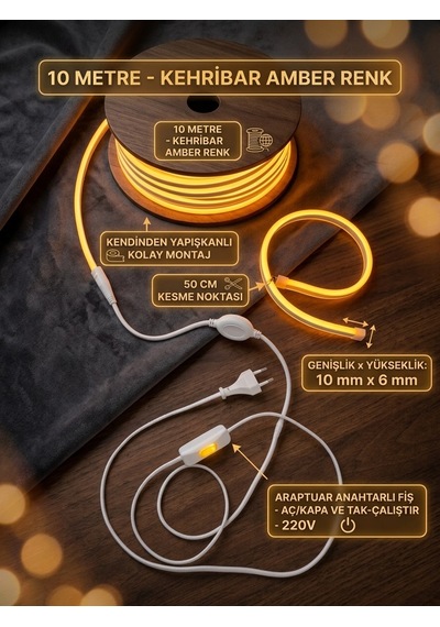 10 Metre Amber 220v Neon Led Şerit ,tak Çalıştır Set, Fişli Anahtarlı Esnek Şerit Led, ,turuncu Led,mutfak,tezgah Ledi,led Şerit Işık ,ambiyans Işık Havuzu, Kendinden Yapışkanlı,kehribar Led