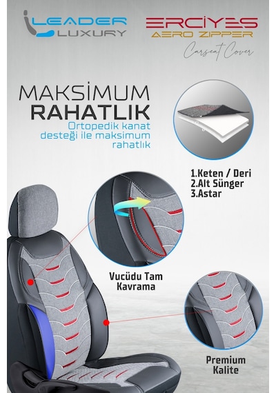 Volvo S60 2000-2004 Uyumlu Lüx Deri Detaylı Keten Oto Koltuk Kılıfı Ön Arka Takım Erciyes Füme