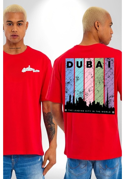Dubai Şehir Silüeti Renkli Şehir Kırmızı Oversize Unisex Ön Ve Sırt Baskılı Tişört Kırmızı