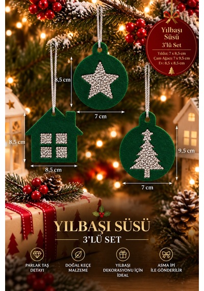 Taşlı Keçe Yılbaşı Süsü 3 Lü Set Çift Taraflı Işıltılı Dekor 4 Renk Seçenekli Yeşil