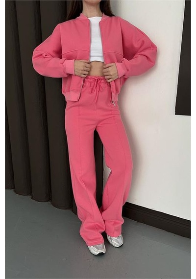 Neşeli Butik Kadın Pembe Fermuarlı 3 İplik Eşofman Takımı Nbesf01 Pembe