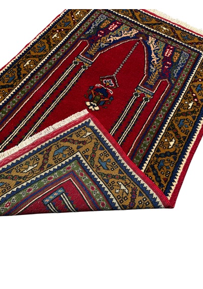 El Dokuma Sıfır Taşpınar Halısı Seccade 74x120 Kırmızı %100 Yün Hatasız Namazlık Kırmızı