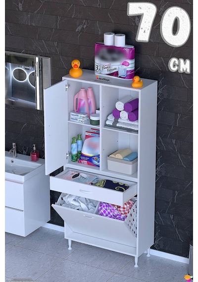 Afra 70 Cm 2 Gözlü Kirli Çamaşır Sepet, 1 Kapak Ve Çekmeceli 4 Raflı Çok Amaçlı Banyo Dolabı Beyaz Afra 70 Cm 2 Gözlü Kirli Çamaşır Sepet, 1 Kapak Ve Çekmeceli 4 Raflı Çok Amaçlı Banyo Dolabı Beyaz