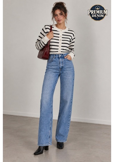 Vadon 1055 Kadın Yüksek Bel Kar Yıkamalı Wide Leg Geniş Paça Jean Pantolon Mavi