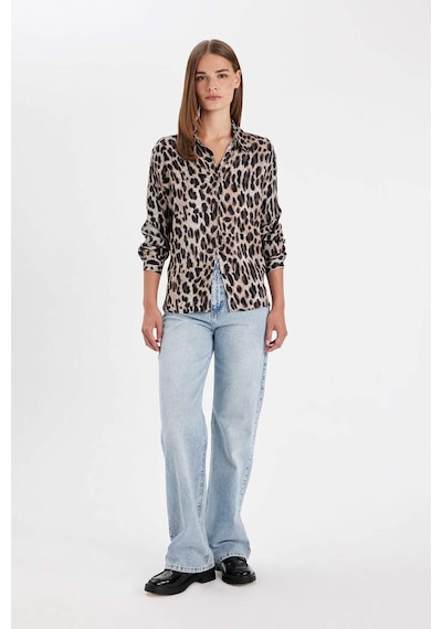 Defacto Regular Fit Leopar Desenli Poplin Uzun Kollu Gömlek D3148AX24AUBK81 Siyah
