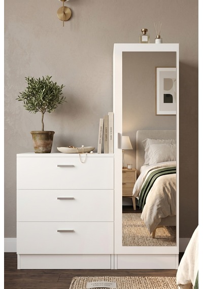 Yurudesign Nancy Aynalı Şifonyer Gardırop Beyaz