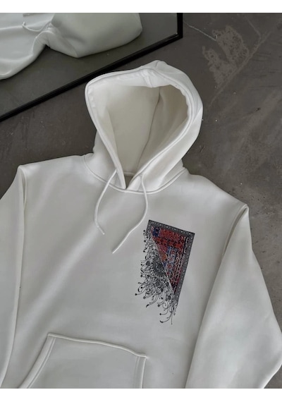 Valensdesign Uzun Kol Kapşonlu Ön Ve Arka Baskılı Sweatshirt - Beyaz