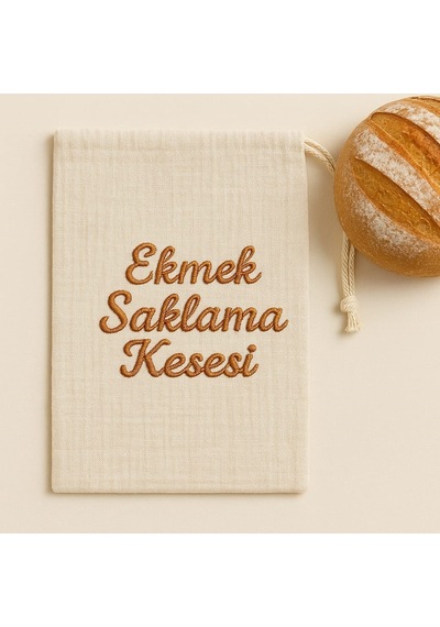 Ekmek Saklama Kesesi Müslin Nakışlı Ekru
