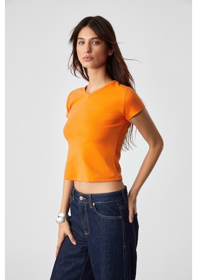 Ethıquet Masroutı Kadın Slim Kısa V Yaka Kısa Kol Turuncu T-shirt