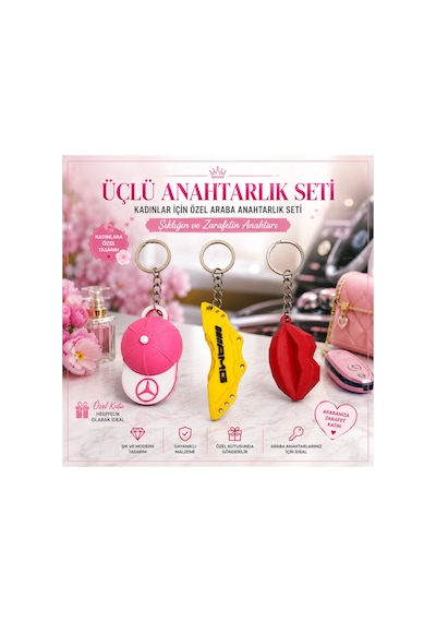 Üçlü Araba Anahtarlık Seti Pembe Pembe