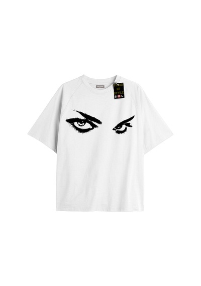 Flood Of Style Beyaz Oversize T-shirt Sert Bakış Göz Özel Tasarım