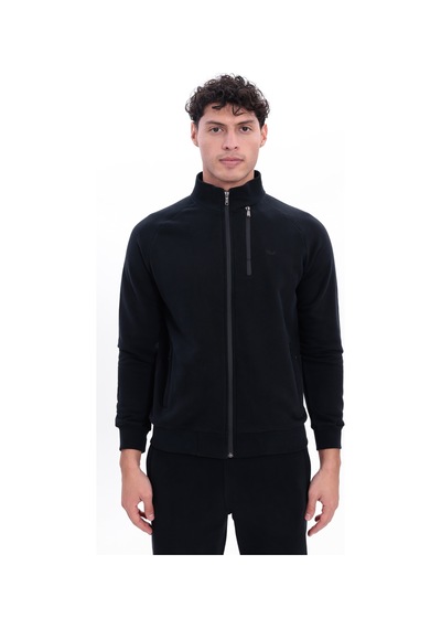 Rowinger 3 İplik Kalın Dokulu Pilot Yaka Velör Şeritli Tam Fermuarlı Erkek Sweatshirt Black