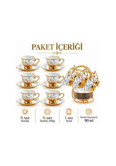 Valkyrie 6 Kişilik 13 Parça Türk Kahvesi Fincan Takımı Standlı 90 Ml Mavi Çiçek Gold Detaylı K655 Mavi
